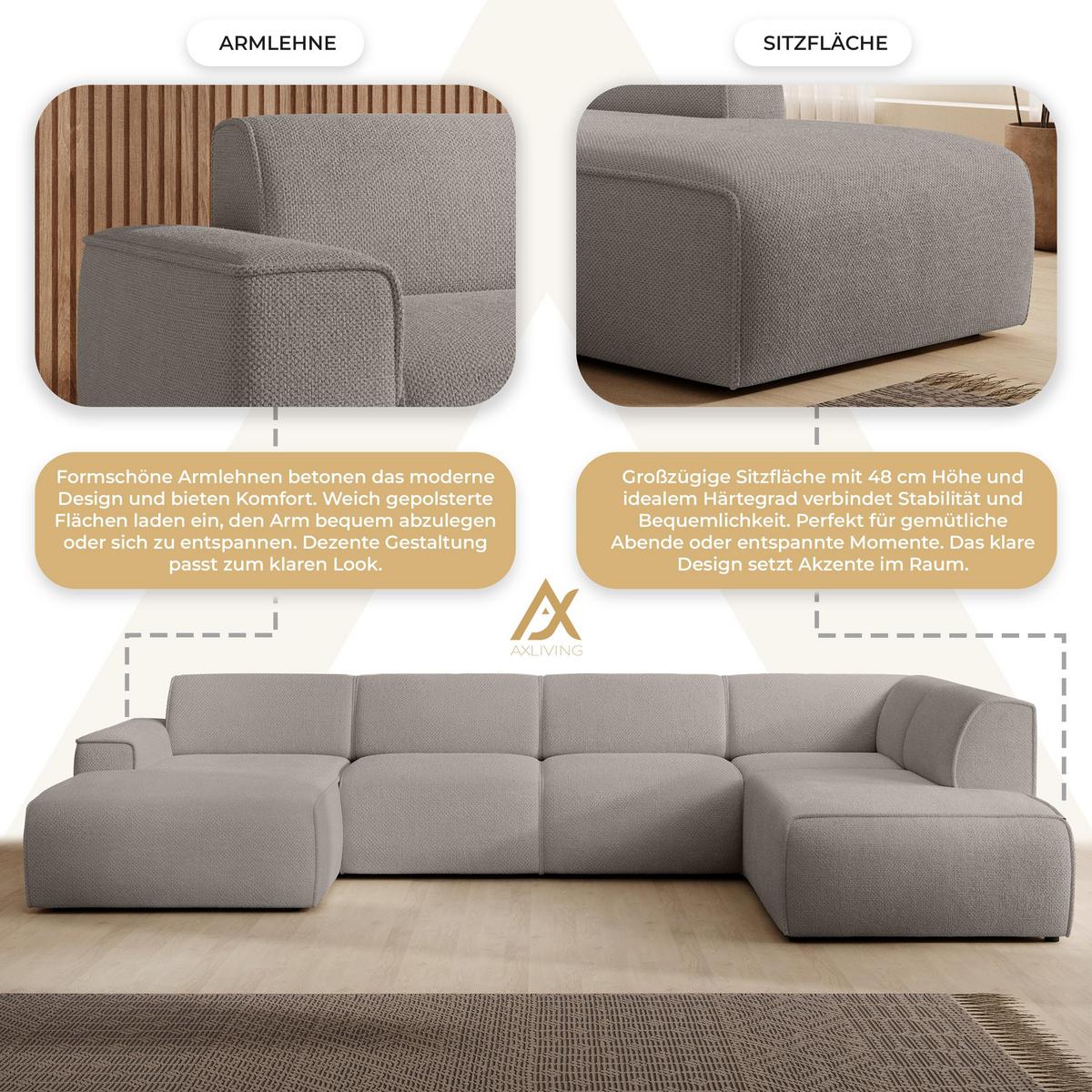 WOHNLANDSCHAFT Didim Beige 378/220/78 cm – großes Sofa stilvoll & bequem R - Beige/Schwarz, Kunststoff/Textil (378/78/220cm) - AX Living
