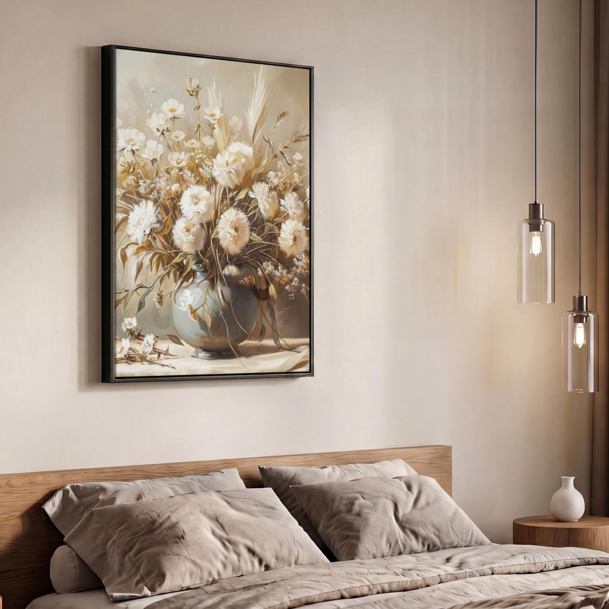 LEINWAND Bilder mit Rahmen - Blumen - Vase - Stilleben - Beige - 70x100 - Creme, Textil (70/100cm) - MuchoWow