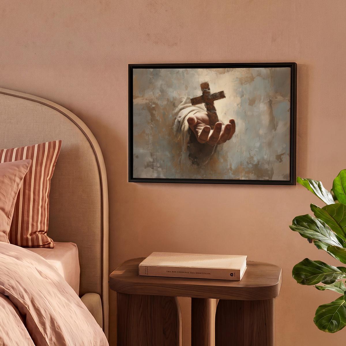 LEINWAND Bilder mit Rahmen - Abstrakt - Kreuz - Hand - Christentum - 40x30 - Hellbraun, Textil (40/30cm) - MuchoWow