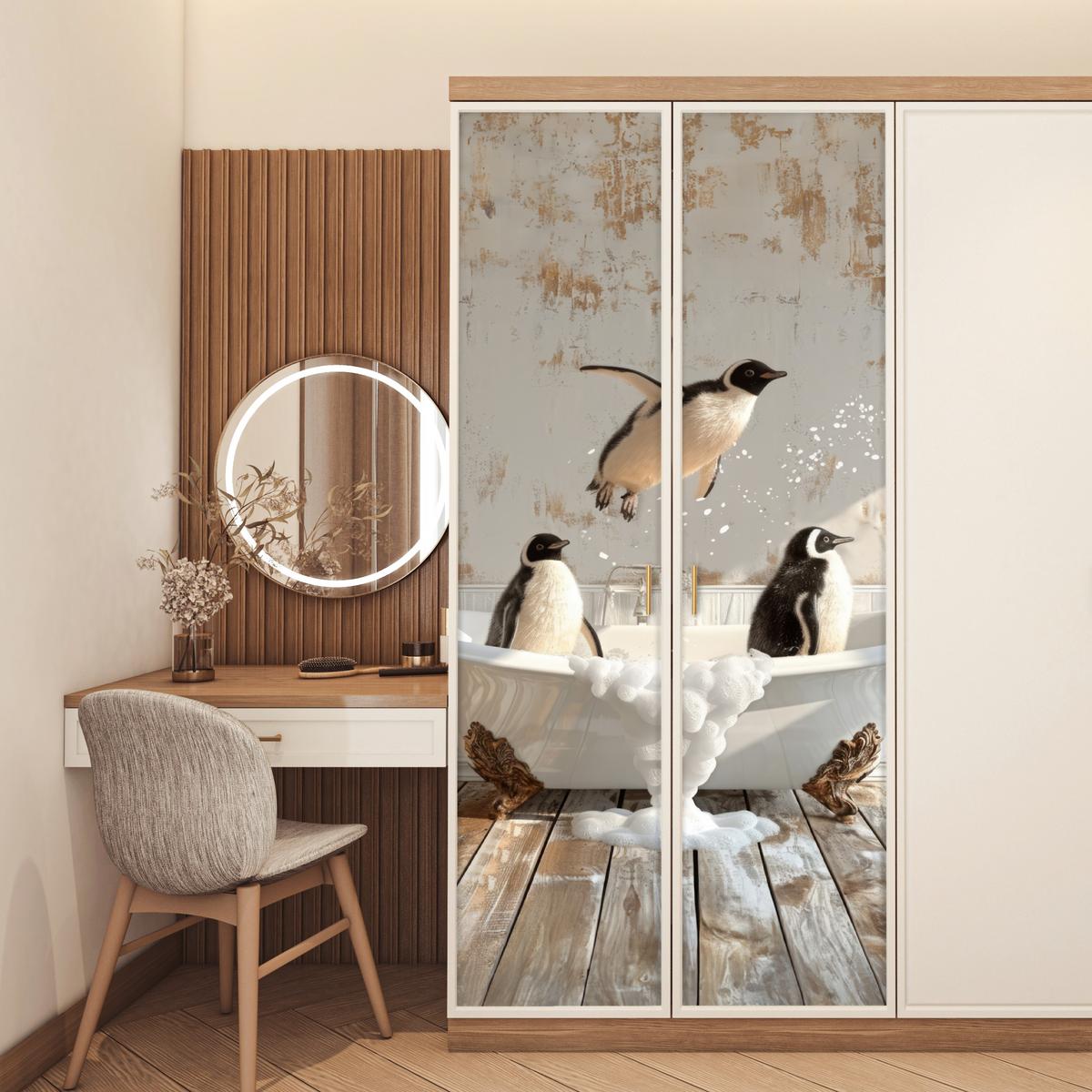 TÜRAUFKLEBER Vintage - Pinguin - Badewanne - Schaumstoff 90x215 cm - Türtapete - Hellbraun, Kunststoff (90/0.1cm) - MuchoWow