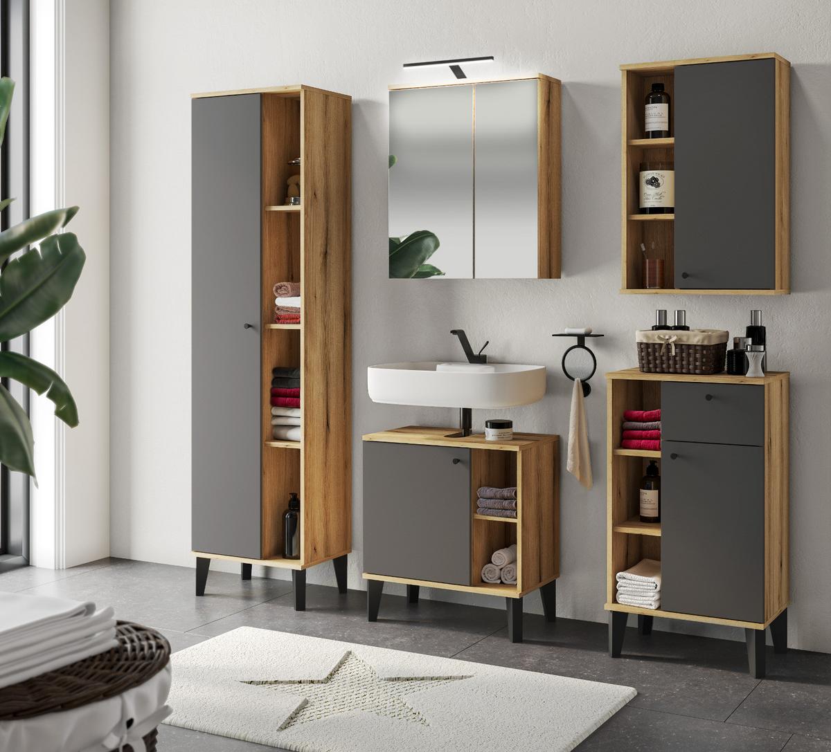 BADMÖBEL-SET 3-teilig grau, Evoke Eiche, Badkombination 121 x 190 cm - Eichefarben/Grau, Glas/Holzwerkstoff (121/190/33cm) - Furn.Design