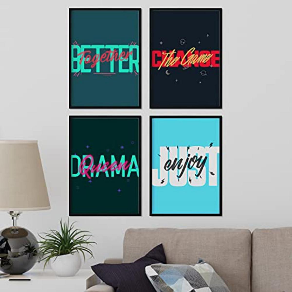 POSTER Set mit 4 blauen und grünen Etikettendesign und Motivationsnachrichten A4 Schwarzer Rahmen - Schwarz, Papier (29.7/3cm) - Nacnic