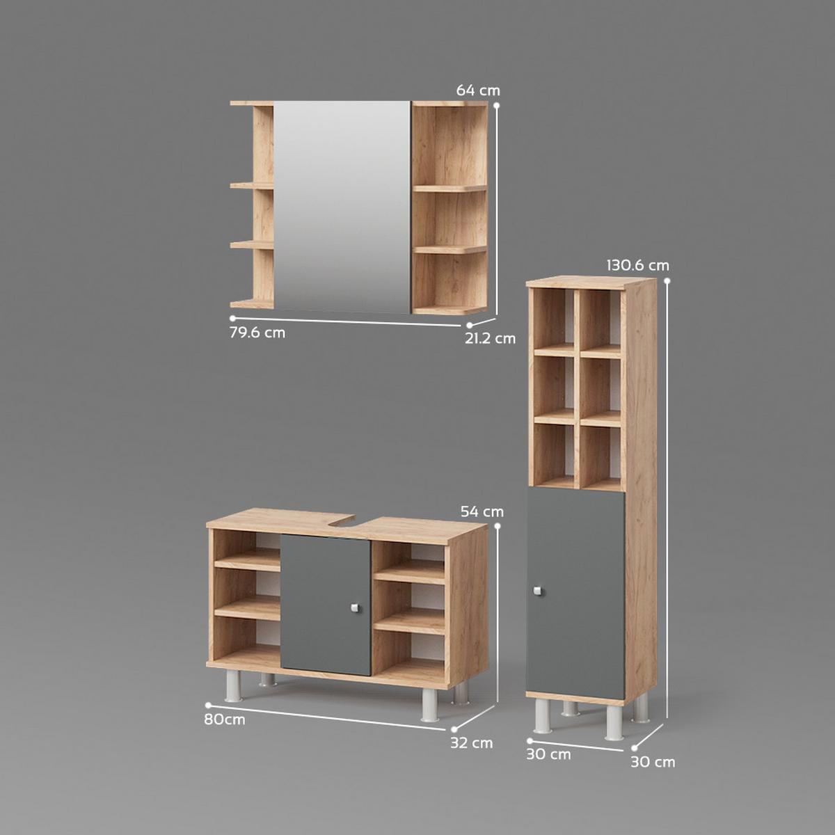 BADMÖBEL-SET Fucino Eiche 3 Teile, mit Midischrank Tür groß - Eichefarben, Holzwerkstoff (80/54/32cm) - Livinity®