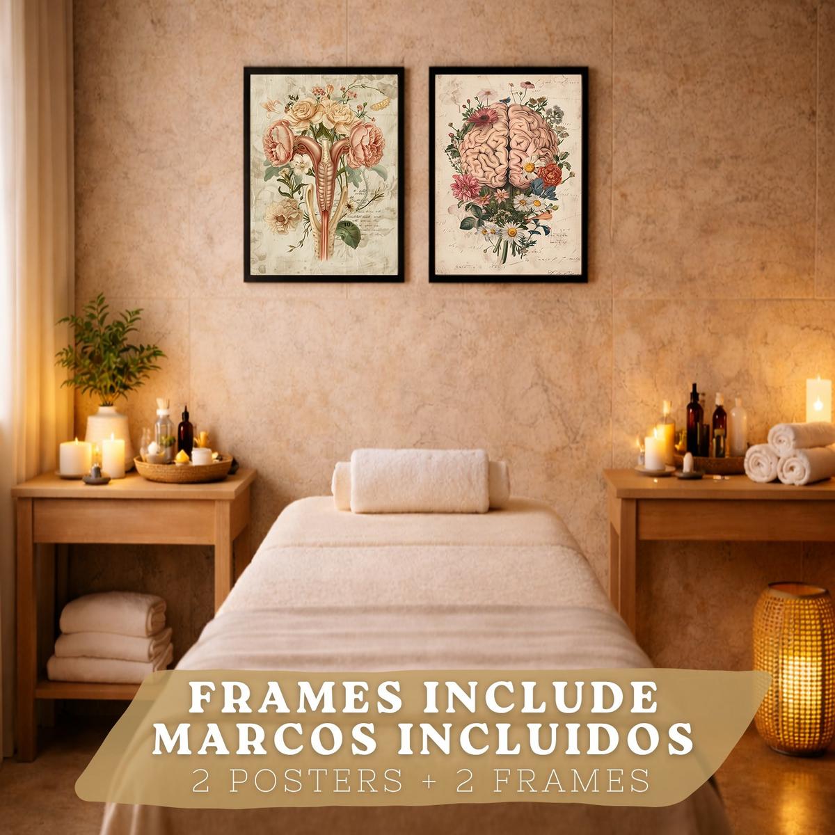 POSTER Set aus 2 Weibliche Anatomie Drucke und Wandbilder mit Gehirn und Gebärmutter Botanischer Retro Vintage Floraler Stil Größe Schwarzer Rahmen A3 - Schwarz, Papier (29.7/42/3cm) - Nacnic
