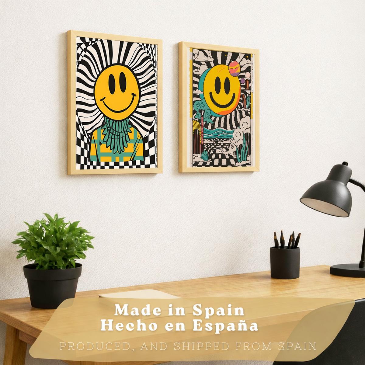 POSTER 4er Kunstdruck-Set Wandbilder Smiley Emoji modern Wohnzimmer Deko, Schlafzimmer, Küche, Badezimmer Leichter Holzrahmen A3 - Beige, Papier (29.7/1/42cm) - Nacnic