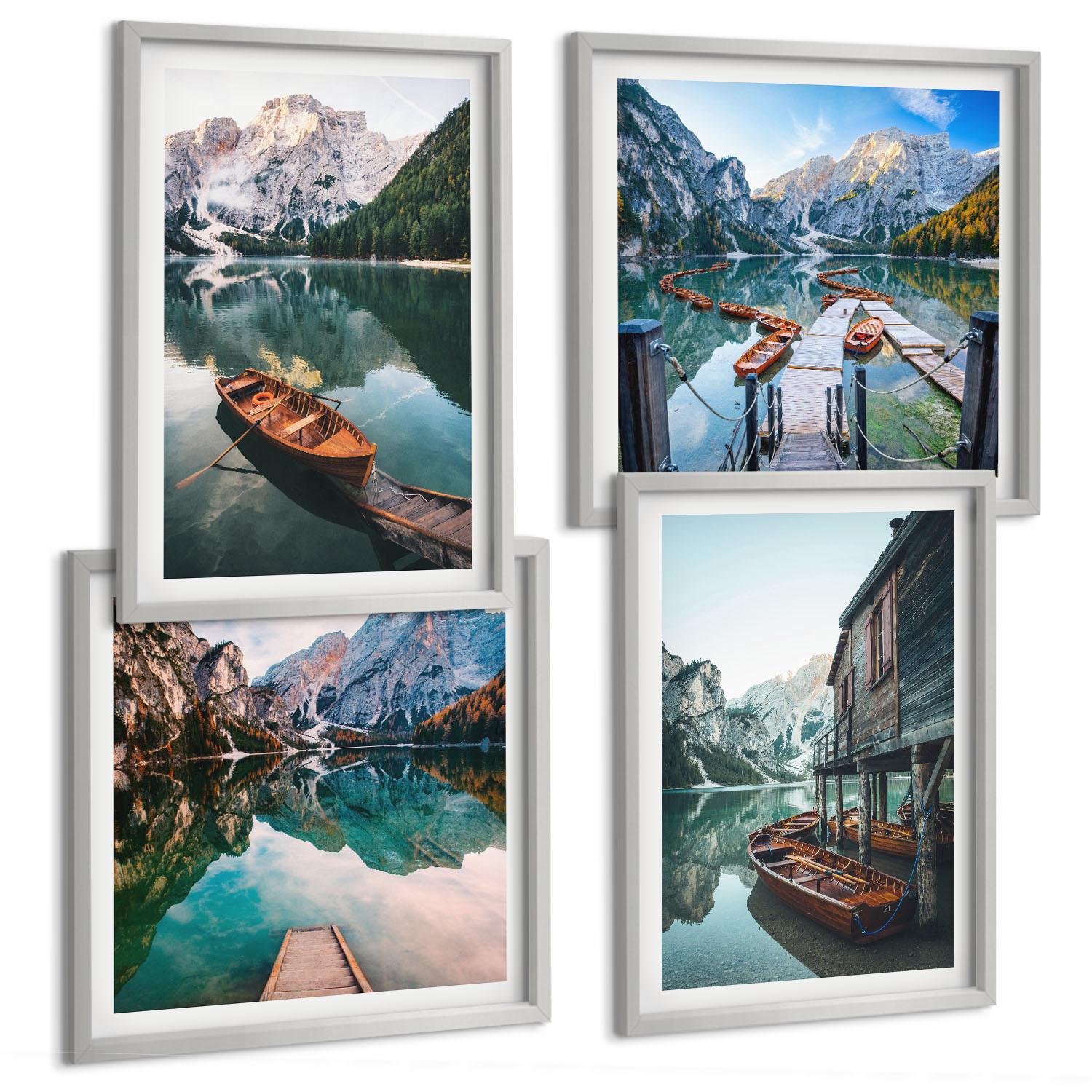 BILDER SET 4er Set - 50x50 cm & 40x60 cm Silberner Rahmen - See, Berge, Boote, Ferienhaus - Silberfarben, Kunststoff (50/50cm) - TULUP