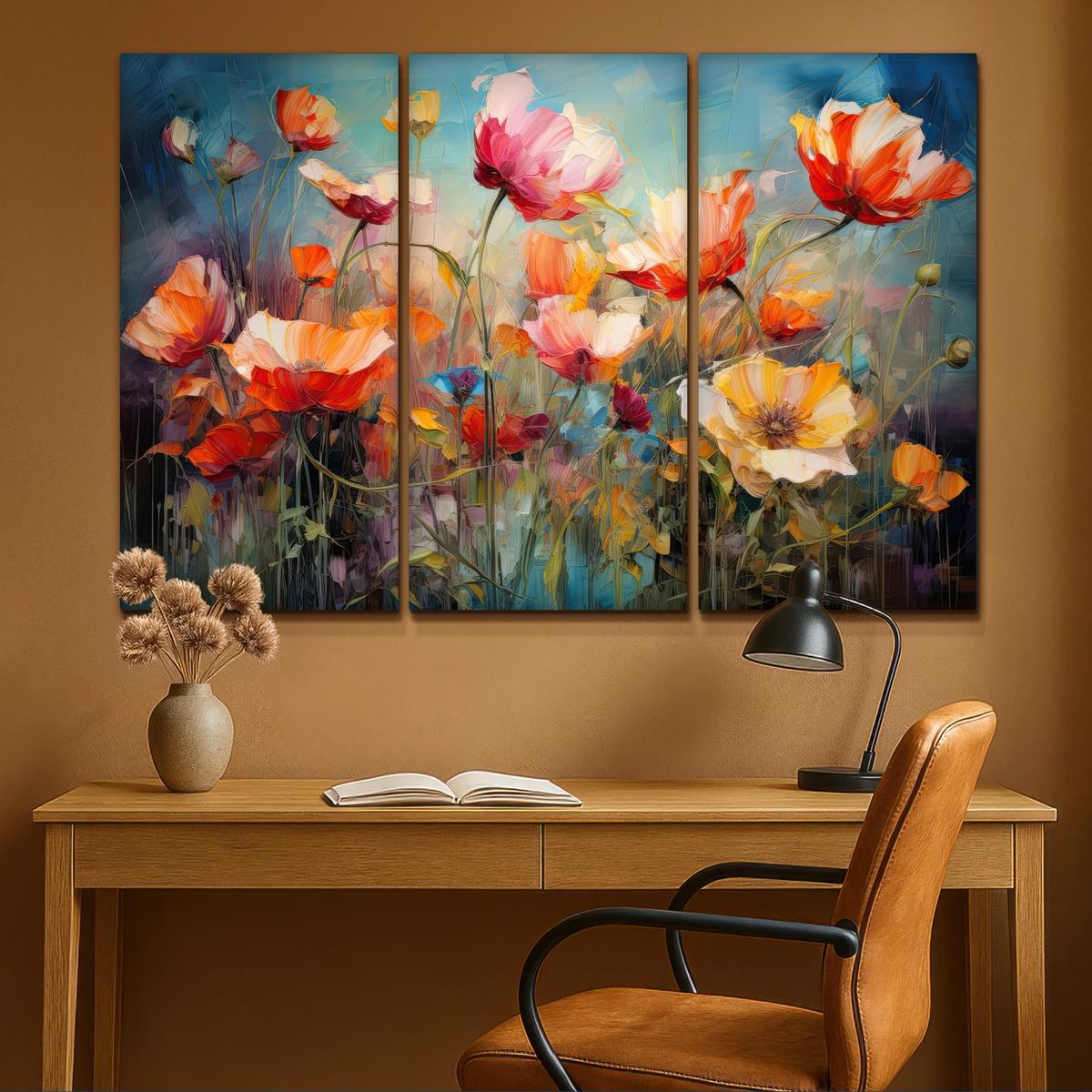 LEINWANDBILD 3er Set Blumen - Bunt - Abstrakt 120x80 cm - Blaugrau, Textil (120/80cm) - MuchoWow