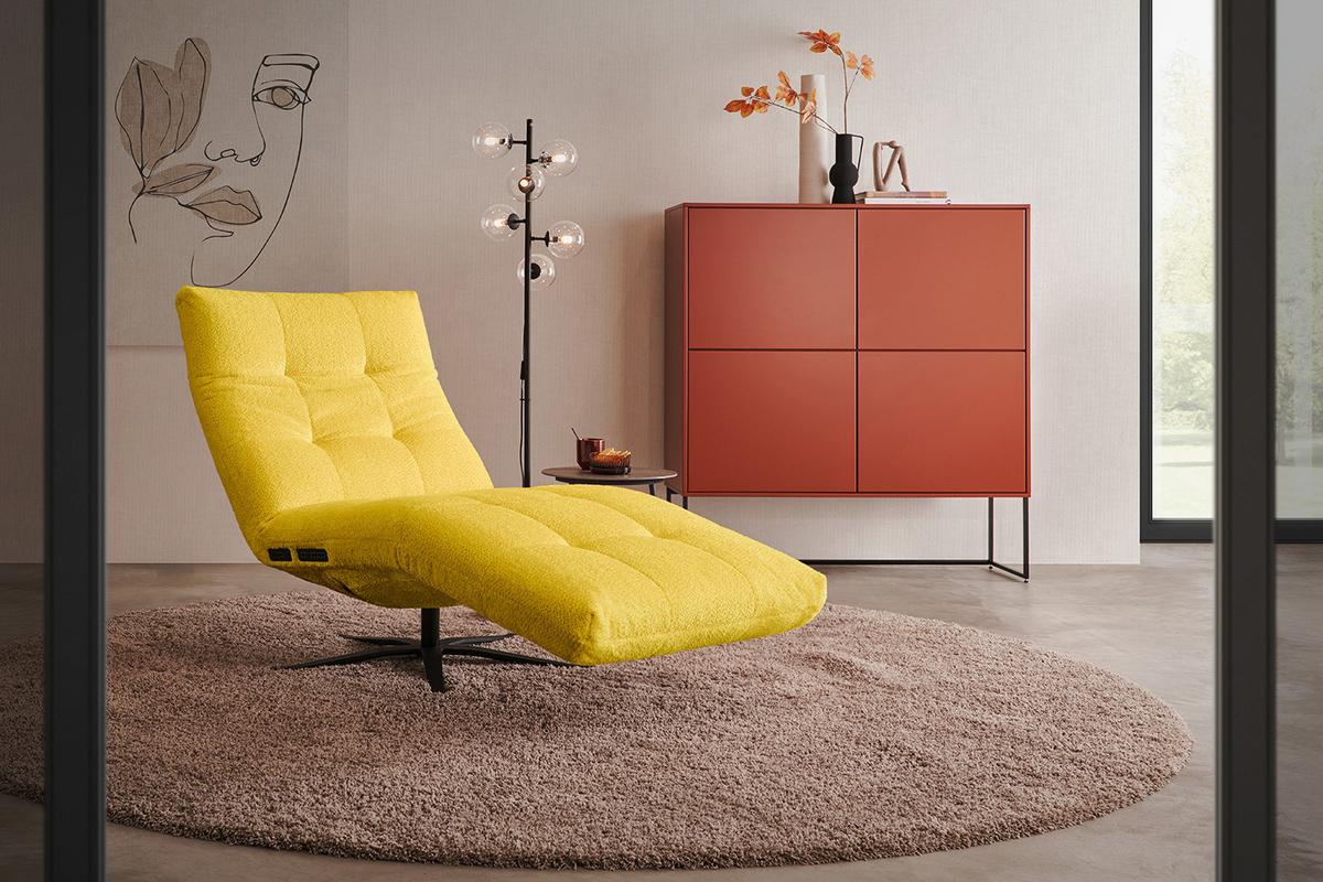 RELAXLIEGE LETICIA Gelb Flachgewebe Relaxfunktion, Drehbar (360°) - Gelb/Schwarz, Textil/Metall (82/115/156cm) - KAWOLA