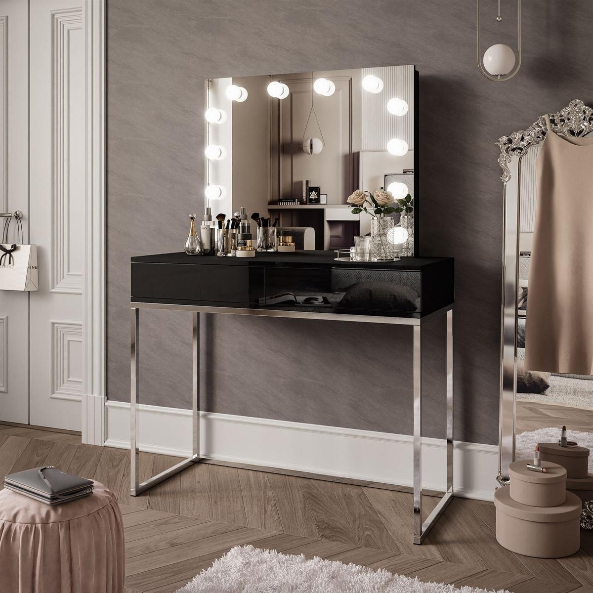 SCHMINKTISCH BLANCO GLAMOUR ELITE mit Spiegel und Beleuchtung Schwarz Hochglanz PUSH OPEN - Weiß Hochglanz, Holzwerkstoff (100/146/42cm) - Lookway