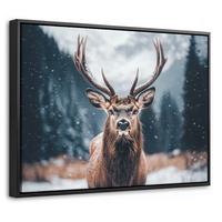 LEINWAND Bilder mit Rahmen - Hirsche - Tiere - Landschaft - Winter - Schnee - 40x30 - Kastanienfarben, Textil (40/30cm) - MuchoWow