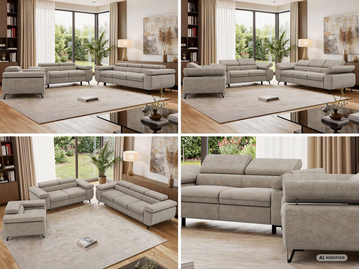 SITZGARNITUR PETER 1+2+3 mit Schlaffunktion - Greige Stukture - Greige/Schwarz, Textil/Metall (262/76/99cm) - MKS