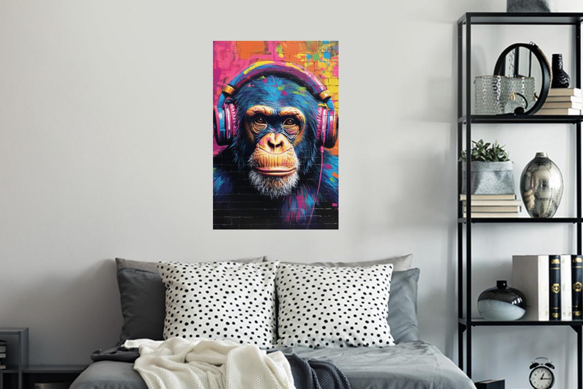 WANDTATTOO Graffiti - Schimpanse - Straßenkunst - Kopfhörer - Affe Wandbild 40x60 cm - Blau, Kunststoff (40/60/0.1cm) - MuchoWow