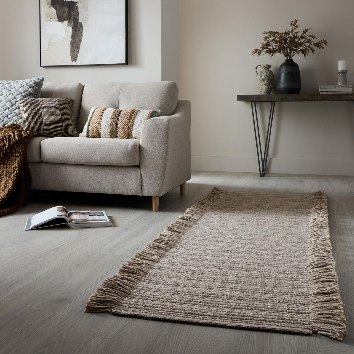 WOLLTEPPICH handgewebt mit Fransen BOYNE, im Landhaus-Stil, Grau, 60 x 230 cm - Grau, Textil (60/230cm) - KADIMA DESIGN