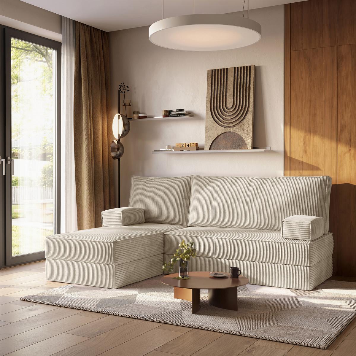 ECKSOFA NOTIA modulares Boneless Sofa mit Schlaffunktion Creme Kordstoff - Creme, Textil (200/120cm) - MASSENO