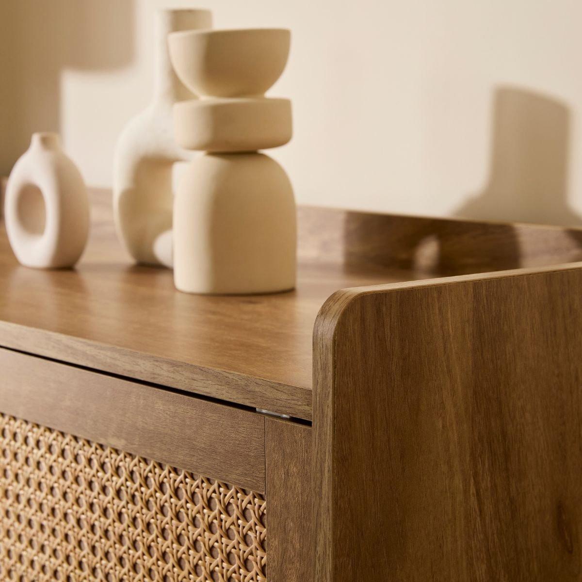 SIDEBOARD mit 2 Türen und 2 Schubladen mit Rattanfronten 39/140/80 cm - Apfelbaumfarben, Holzwerkstoff (39/80/140cm) - Calicosy