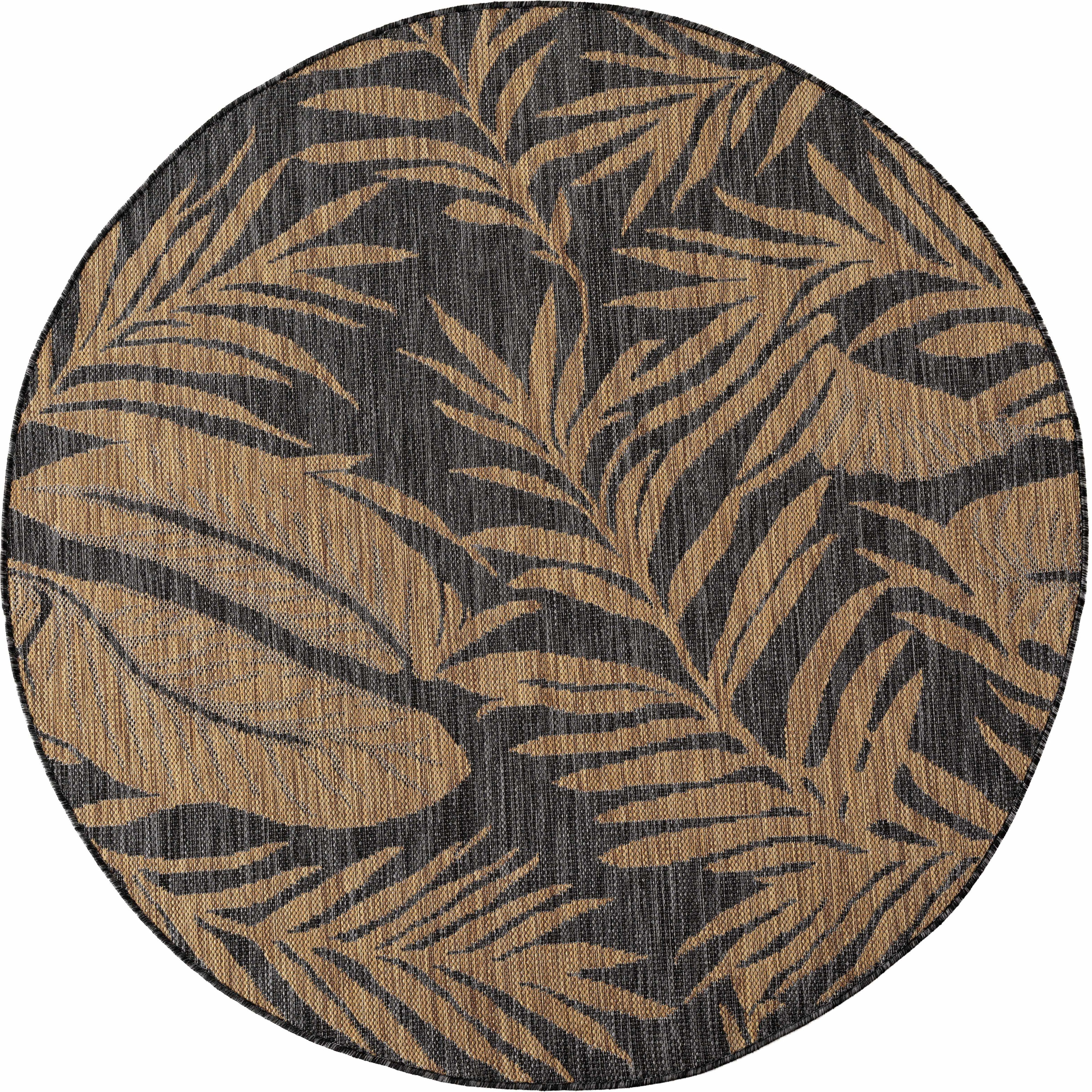 TEPPICH Flachgewebe, Outdoor, Fußbodenheizung-geeignet, mit Blattmotiv, VIGOLENO in Schwarz-Sandbraun, Ø 120 cm - Schwarz, Textil (120/120cm) - KADIMA DESIGN