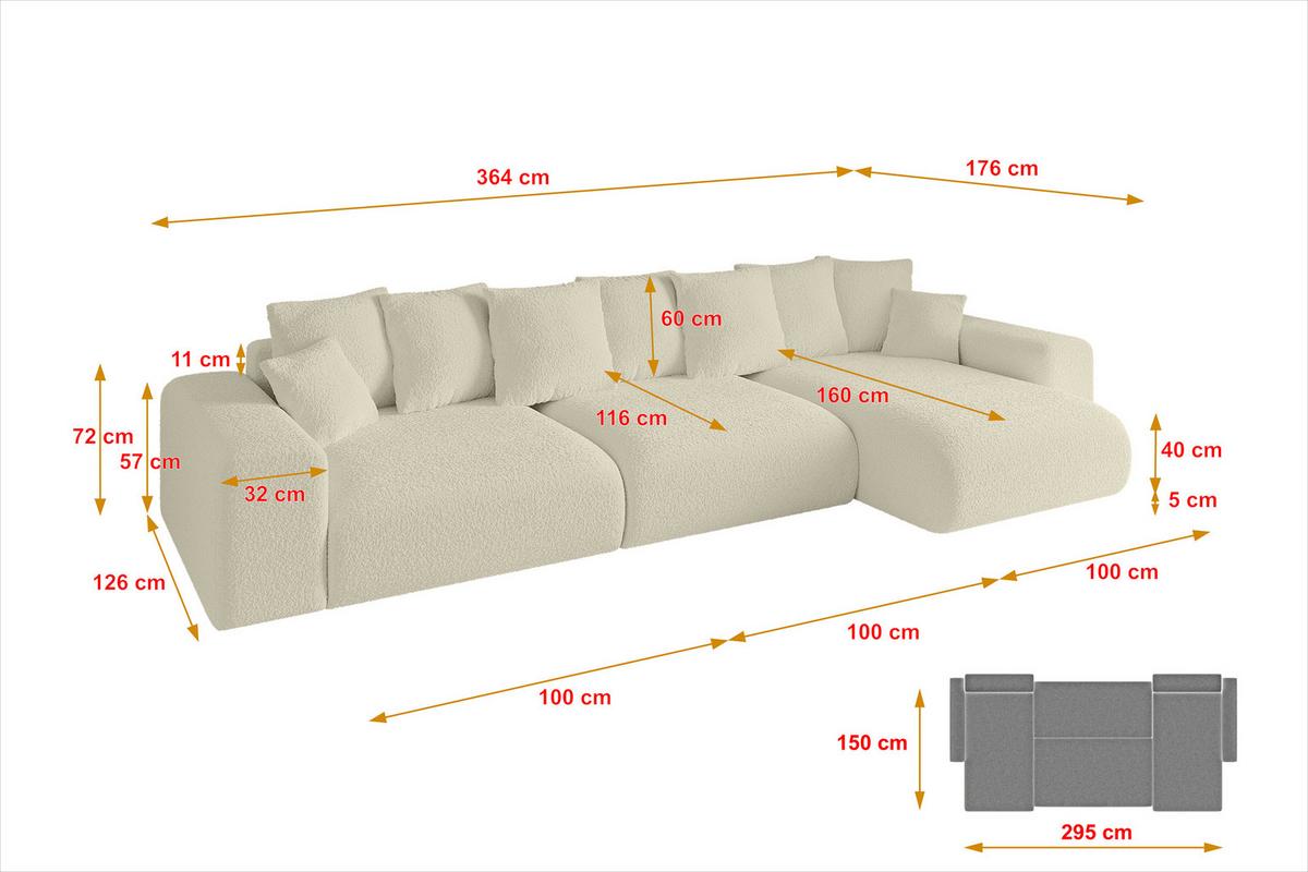 ECKSOFA Ottomane rechts ESKAR-L2 364x176x72 Creme Bouclé - Creme/Haselnussfarben, Holzwerkstoff/Kunststoff (176/364cm) - ALTDECOR