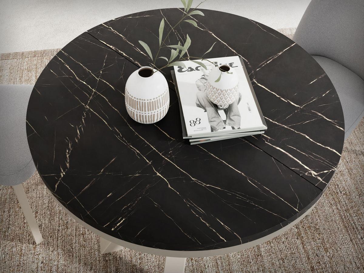 ESSTISCH Clara Grau-Beige runder ausziehbarer, Marmor Schwarz 120-200/120/76 cm - Greige/Anthrazit, Holzwerkstoff/Metall (120/196/76cm) - WFL GROUP