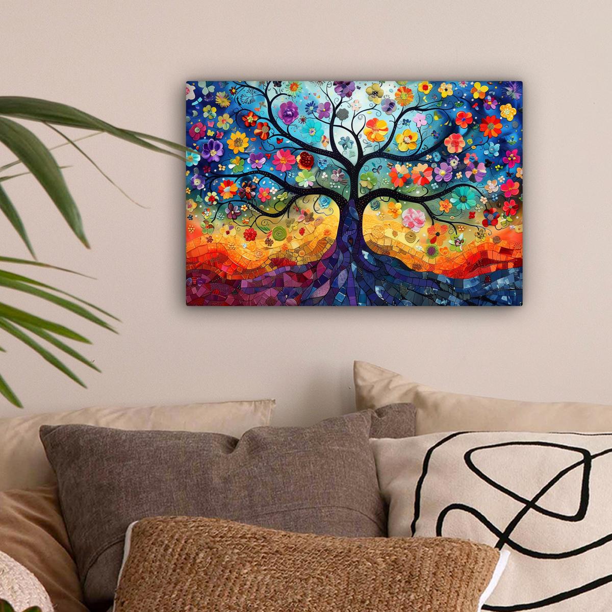 LEINWANDBILD Kunst - Baum des Lebens - Blumen - Hippie Deko Schlafzimmer 30x20 cm - Dunkelblau, Textil (30/20cm) - MuchoWow