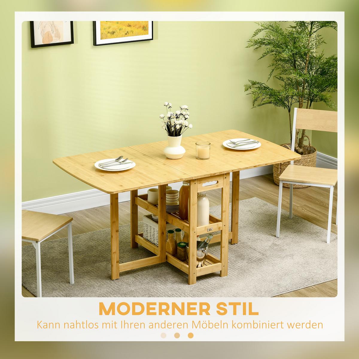 ESSTISCH Klapptisch Küchentisch mit Ablagefächer Esszimmertisch Naturholz - Naturfarben, Naturmaterialien/Bambusholz (149.5/80/73.5cm) - HOMCOM