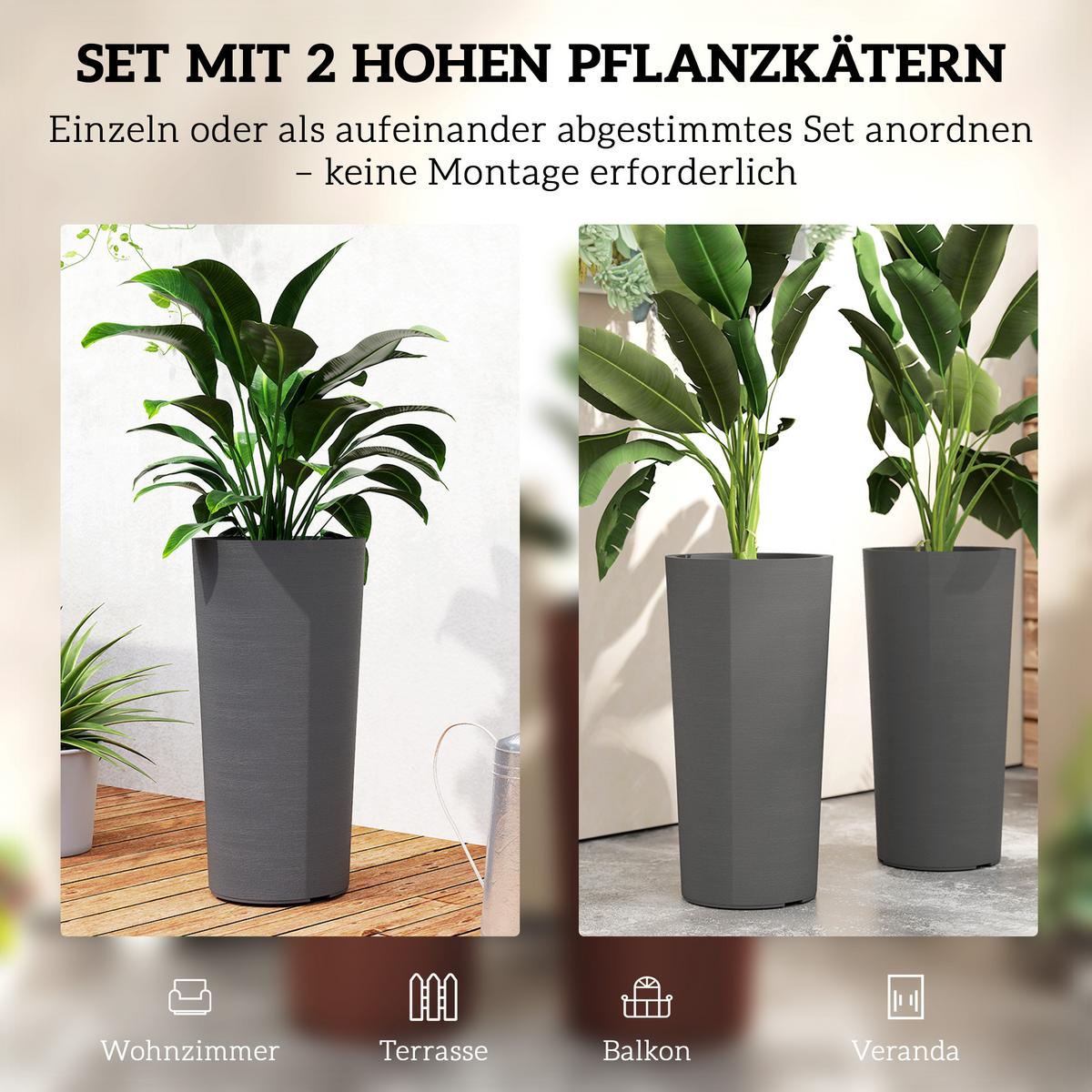 2ER Set Blumentopf stapelbar Pflanzkübel mit Löcher 35x35 cm Pflanztöpfe - Dunkelgrau, Kunststoff (60cm) - Outsunny