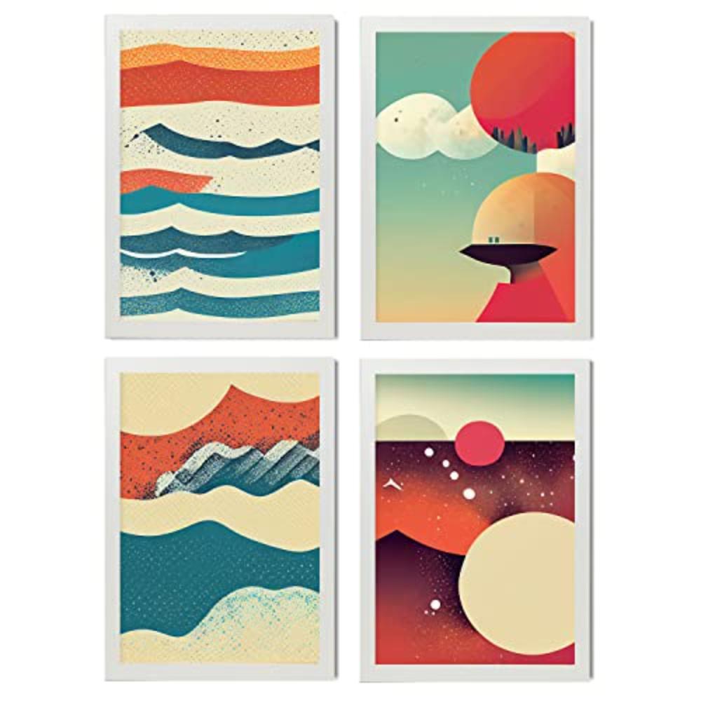 POSTER Set mit 4 Abstrakt Wellen Moderne Galaxien A3 Weißer Rahmen - Weiß, Papier (29.7/3cm) - Nacnic