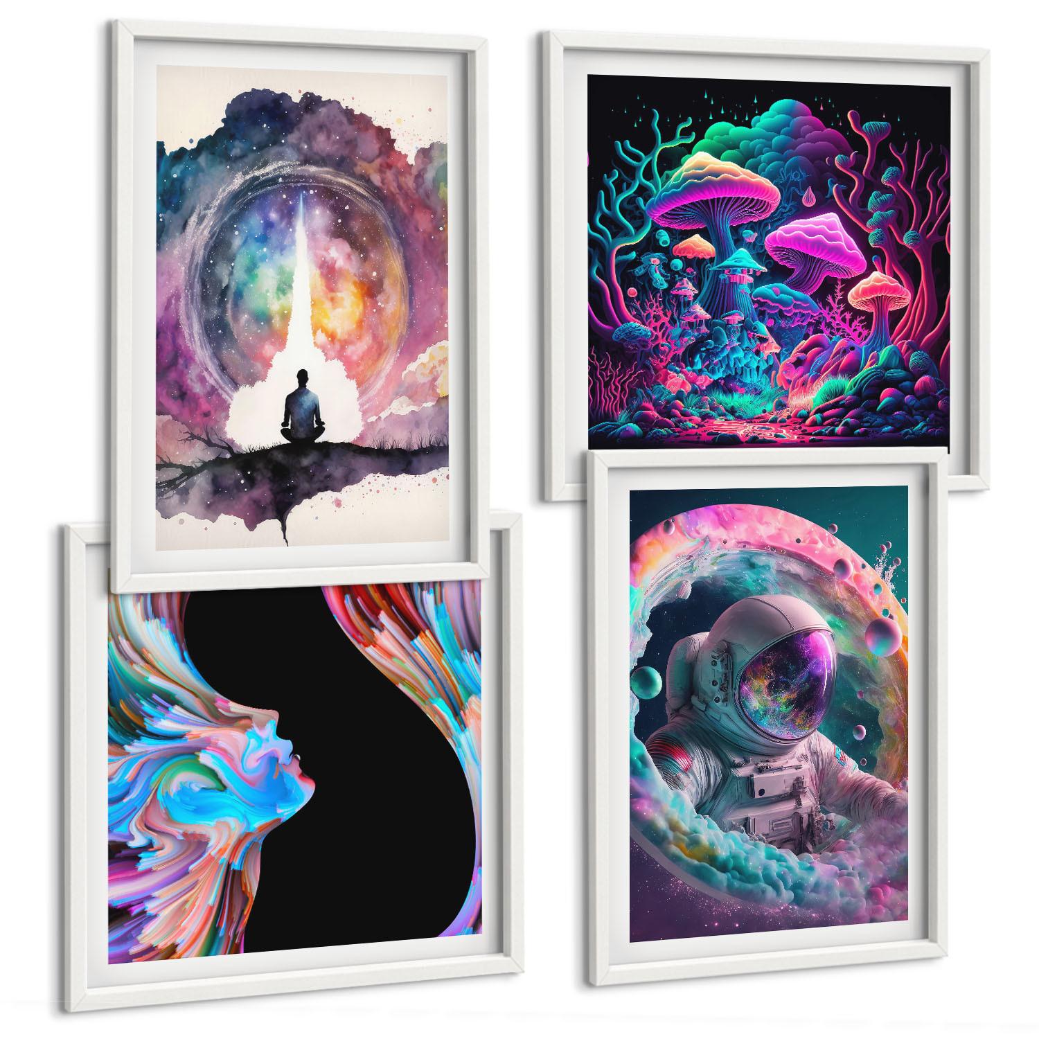 BILDER SET 4er Set - 50x50 cm & 40x60 cm Weißer Rahmen - Farbenfrohe Fantasy-Kunstillustrationen - Weiß, Kunststoff (50/50cm) - TULUP