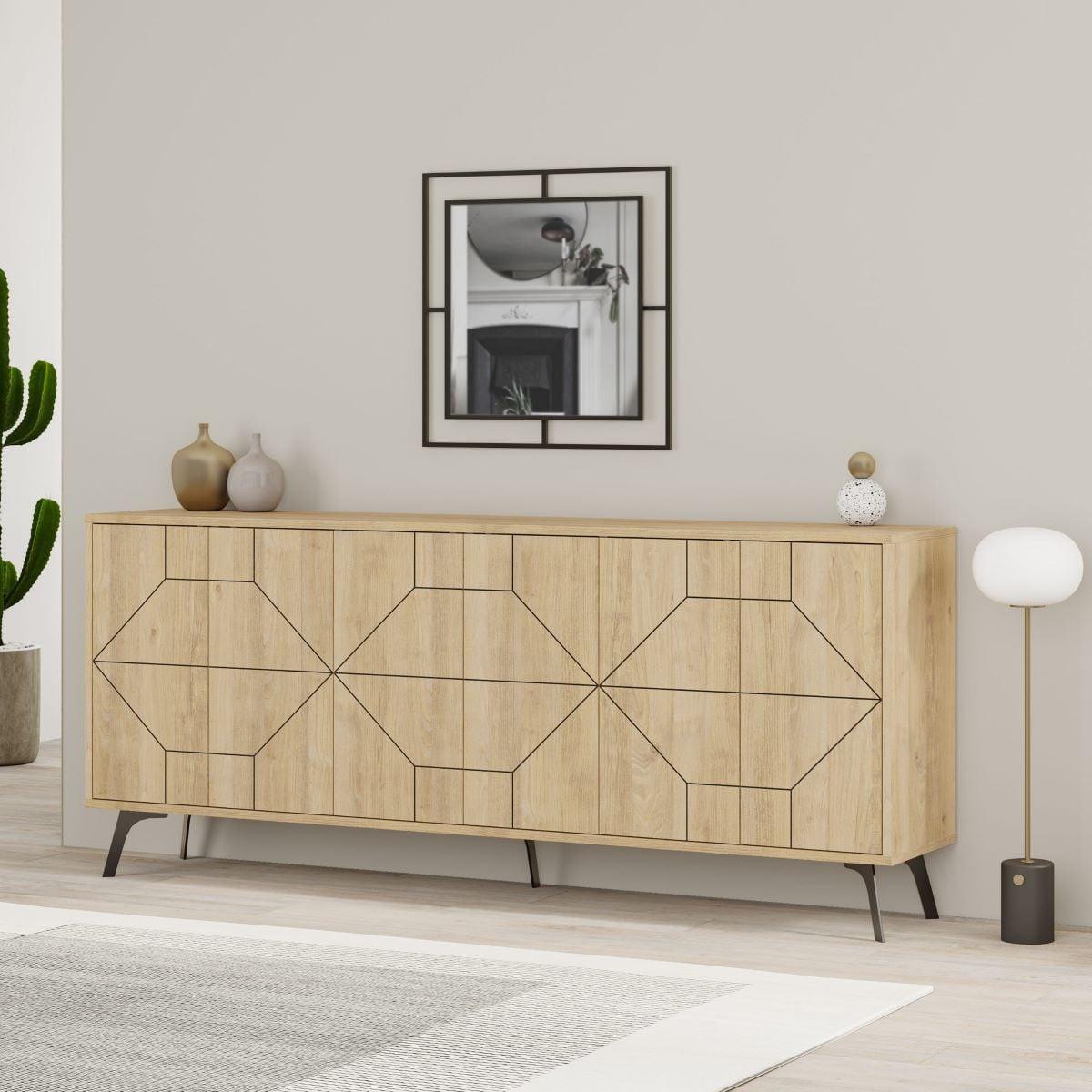SIDEBOARD mit 6 dekorierten Türen L184 cm - Dune - Eichefarben, Holzwerkstoff (35/77.4/9cm) - Calicosy