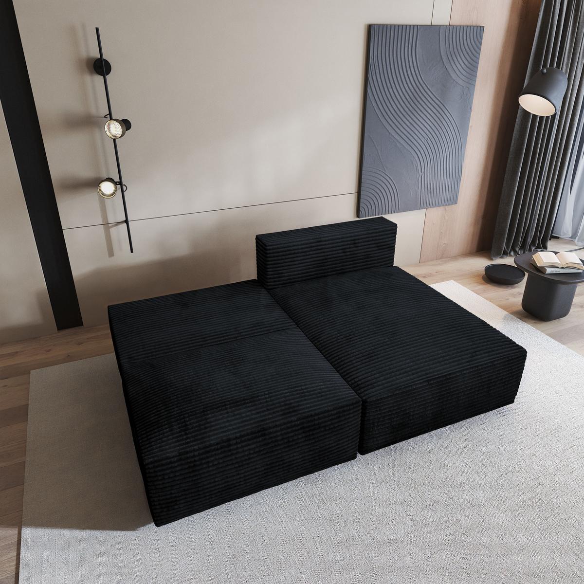 ECKSOFA FIORO Schwarz Kordstoff mit Schlaffunktion - Schwarz, Holz (204/148cm) - MASSENO
