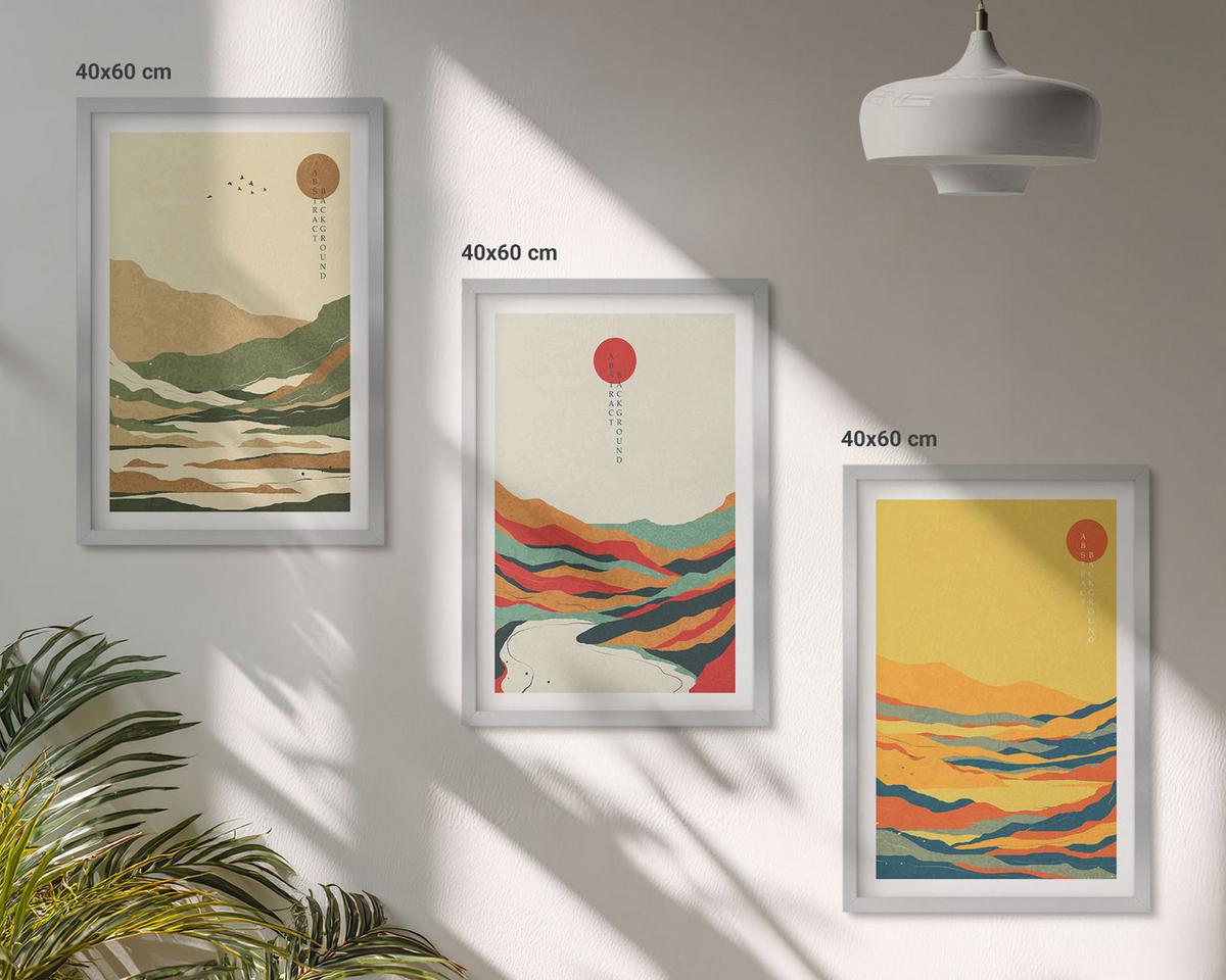 BILDER SET 3er Set - 40x60 cm Silberner Rahmen - Farbenfrohe Muster der Japandi-Flussberge - Silberfarben, Kunststoff (40/60cm) - TULUP