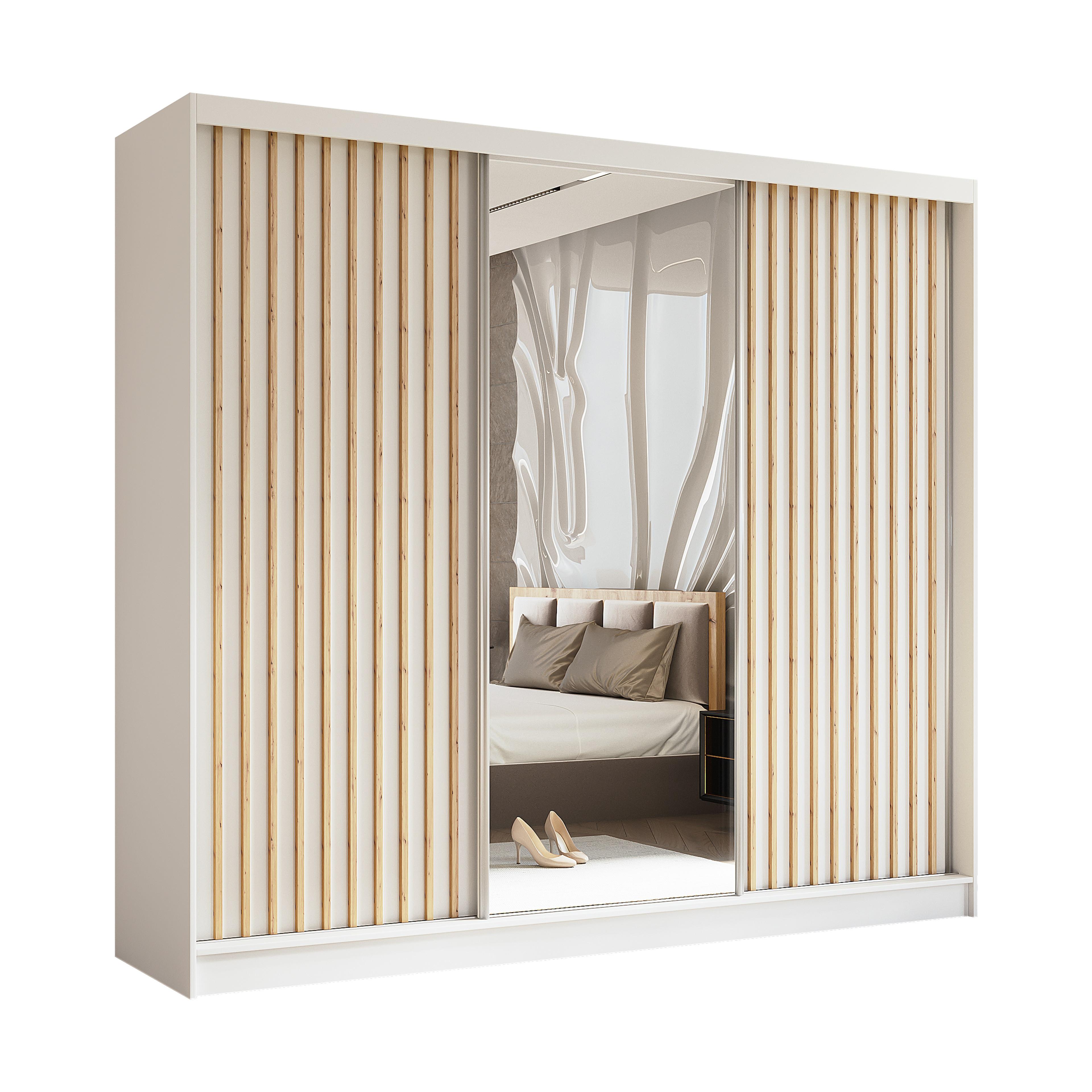 SCHWEBETÜRENSCHRANK LAMELLO 240/216/61 cm 3-türig mit Spiegel Weiß - Weiß, Holzwerkstoff (240/216/61cm) - MASSENO