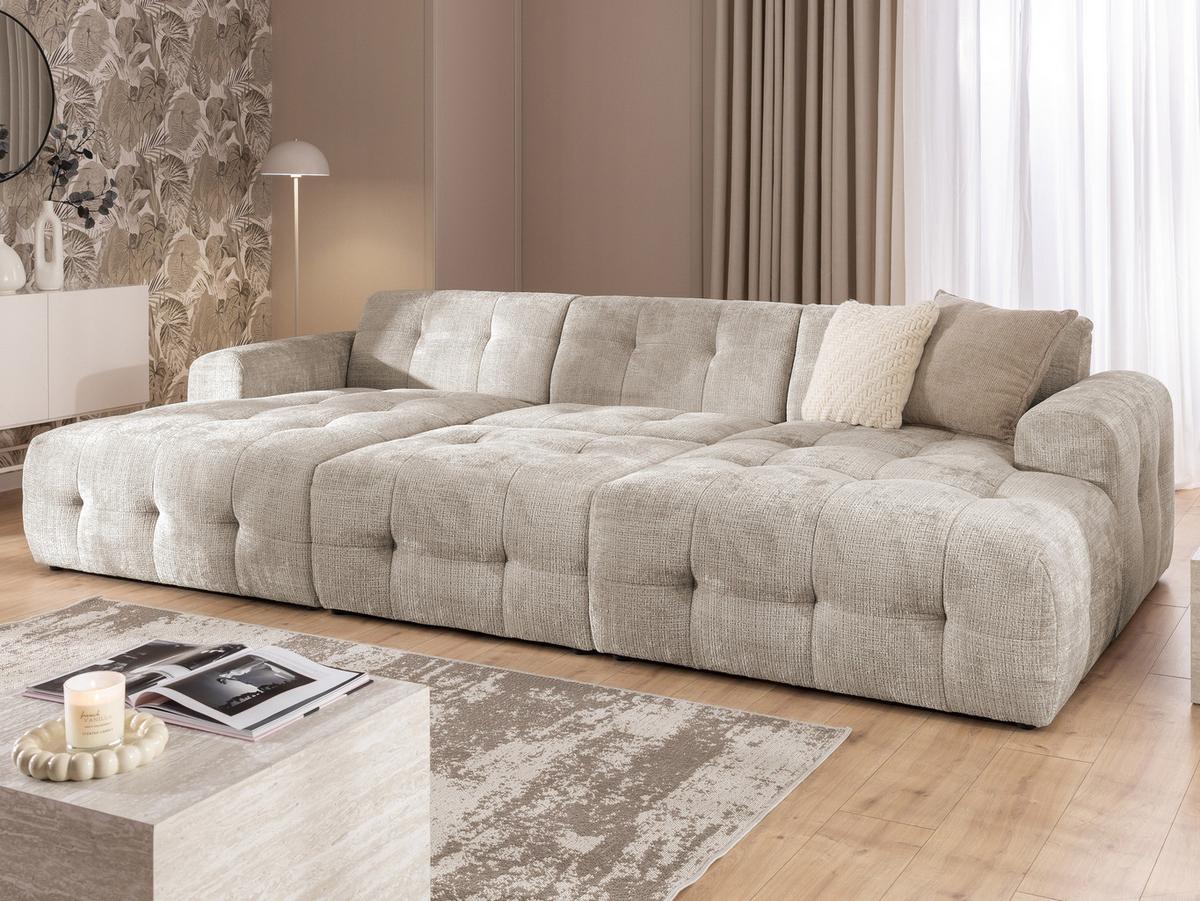POLSTERHOCKER Kozy im Bumpy-Design aus weichem Dunkelbeige Chenille-Stoff - Beige/Schwarz, Holz/Textil (87/46/68cm) - S-Style Möbel