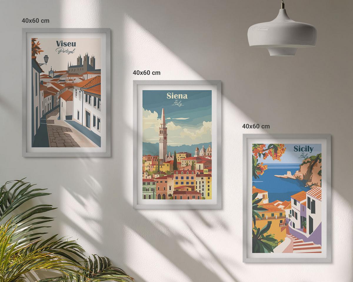 BILDER SET 3er Set - 40x60 cm Silberner Rahmen - Retro-Illustrationen von Weltstädten - Silberfarben, Kunststoff (40/60cm) - TULUP