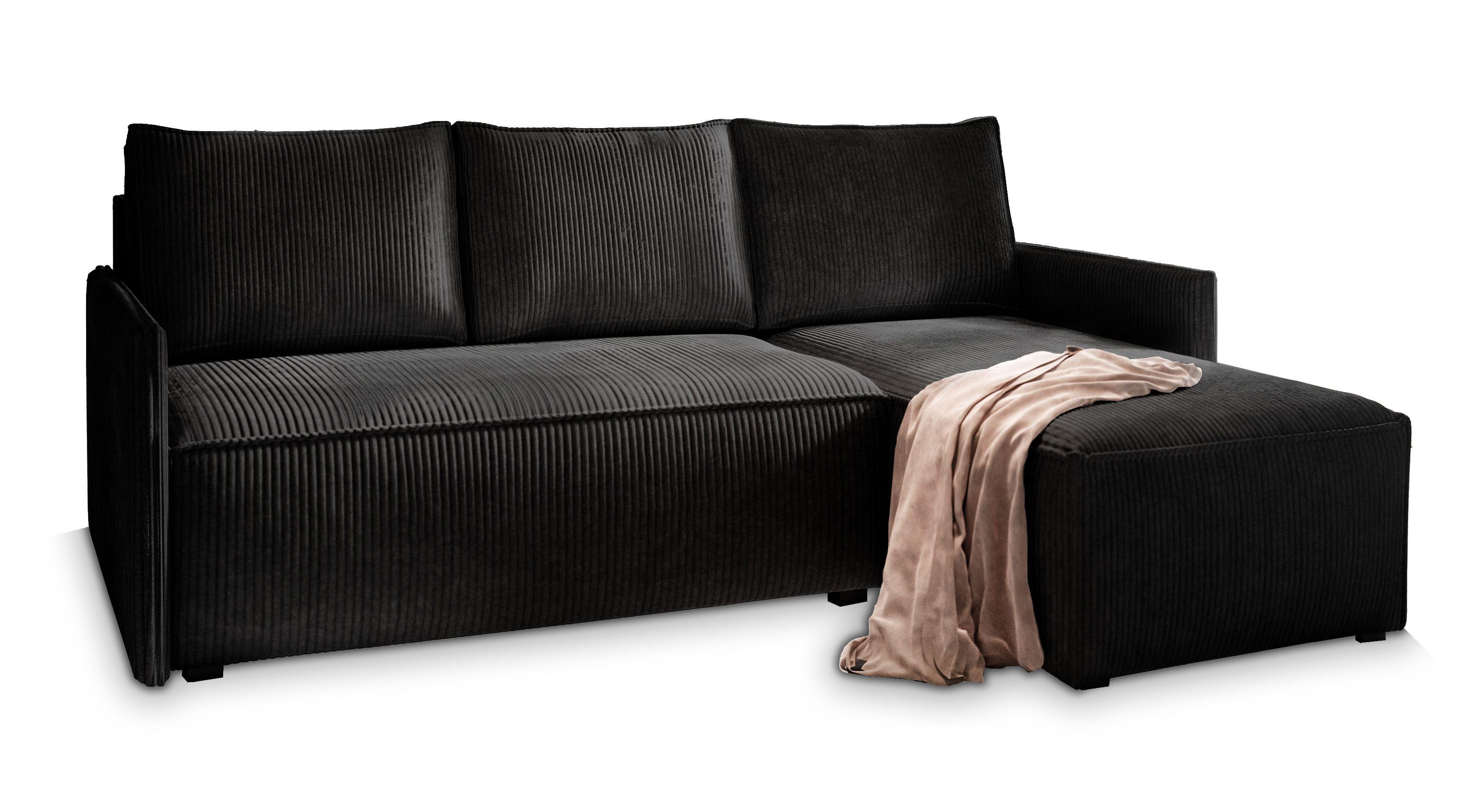 ECKSOFA PERUSI Schwarz Kordstoff mit Schlaffunktion - Schwarz/Grau, Holz/Kunststoff (206/143cm) - MASSENO