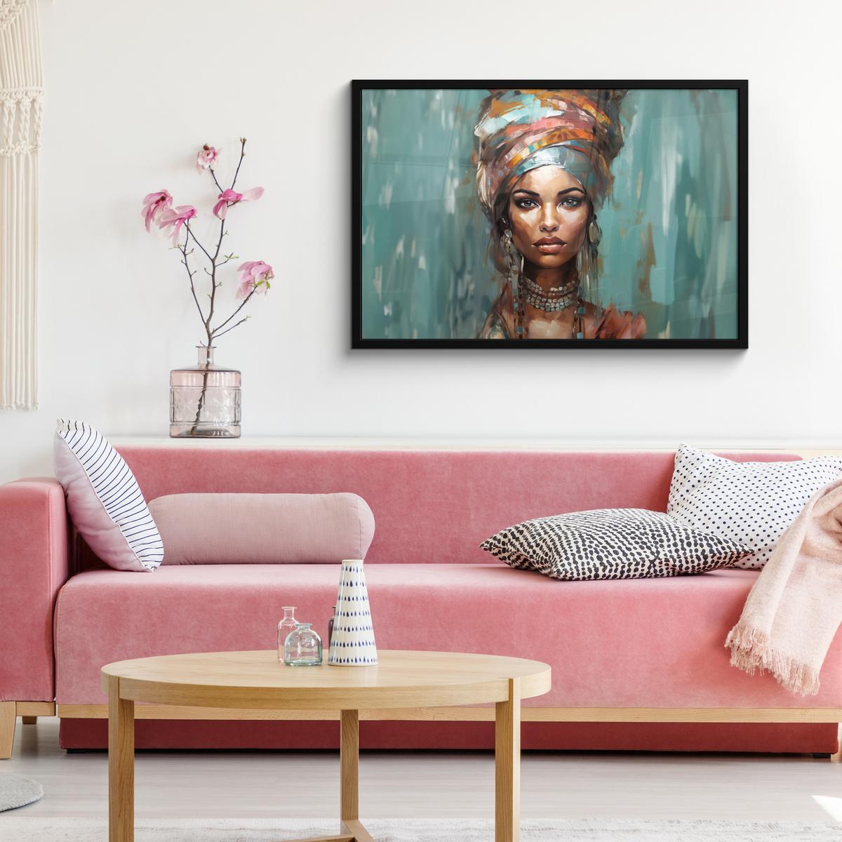 POSTER MIT RAHMENGERAHMTES BILD Frau - Kunst - Schmuck - Porträt 90x60 cm - Blaugrau, Papier (90/60cm) - MuchoWow