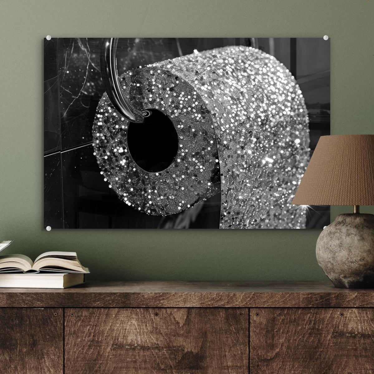 ACRYLGLASBILD WC - Toilettenpapier - Schwarz und weiß - Glitter Wanddeko 60x40 cm - Silberfarben, Glas (60/40cm) - MuchoWow