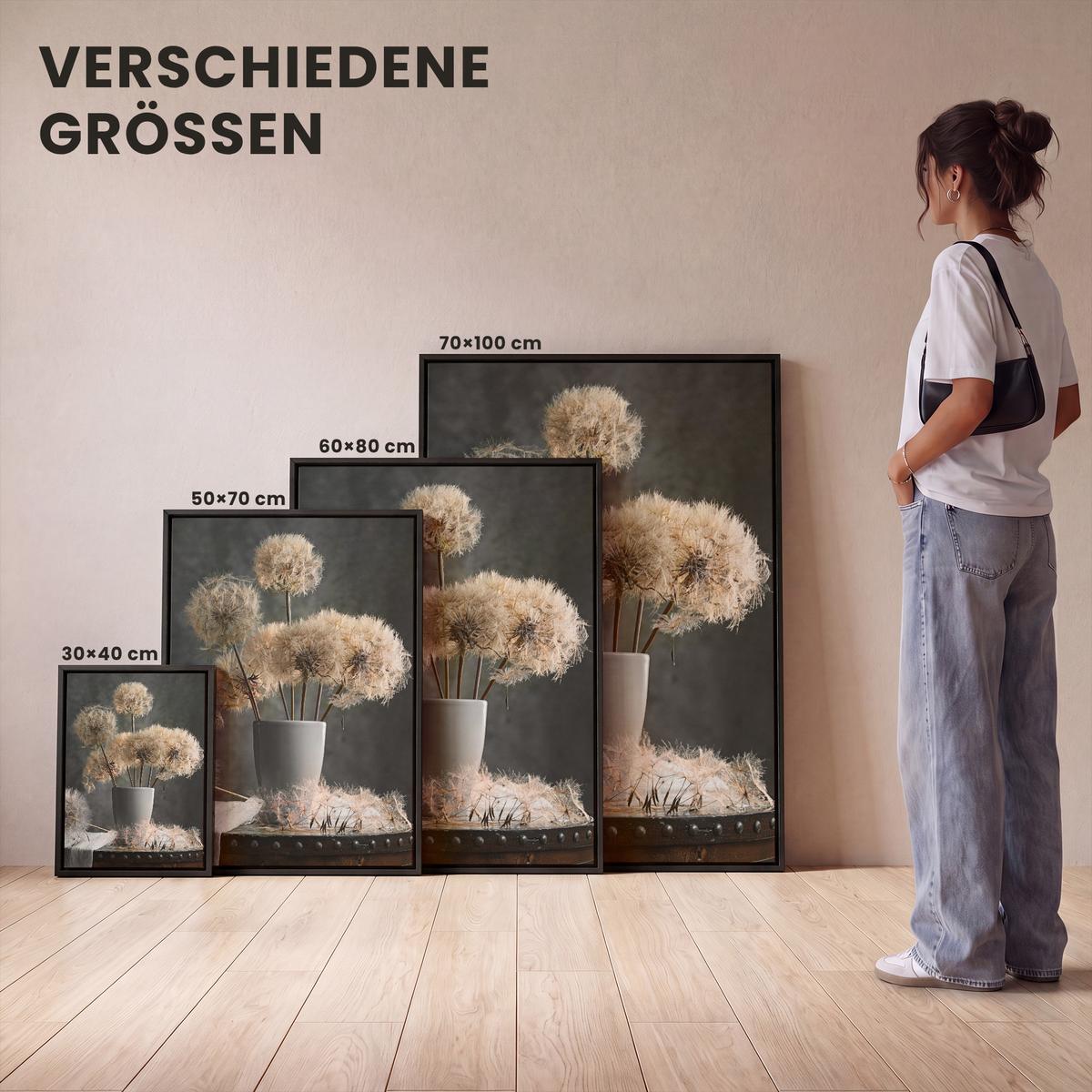 LEINWAND Bilder mit Rahmen - Blumensamen - Löwenzahn - Vase - Stilleben - Blumenstrauß - 30x40 - Dunkelgrau, Textil (30/40cm) - MuchoWow