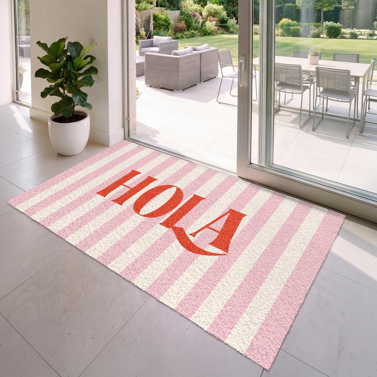 FUSSMATTE Hola - Zitat - Streifen - Pastell - Rosa - Rot - Weiß Schmutzfangmatte 180x120 cm - Rosa, Kunststoff (180/0.4cm) - MuchoWow