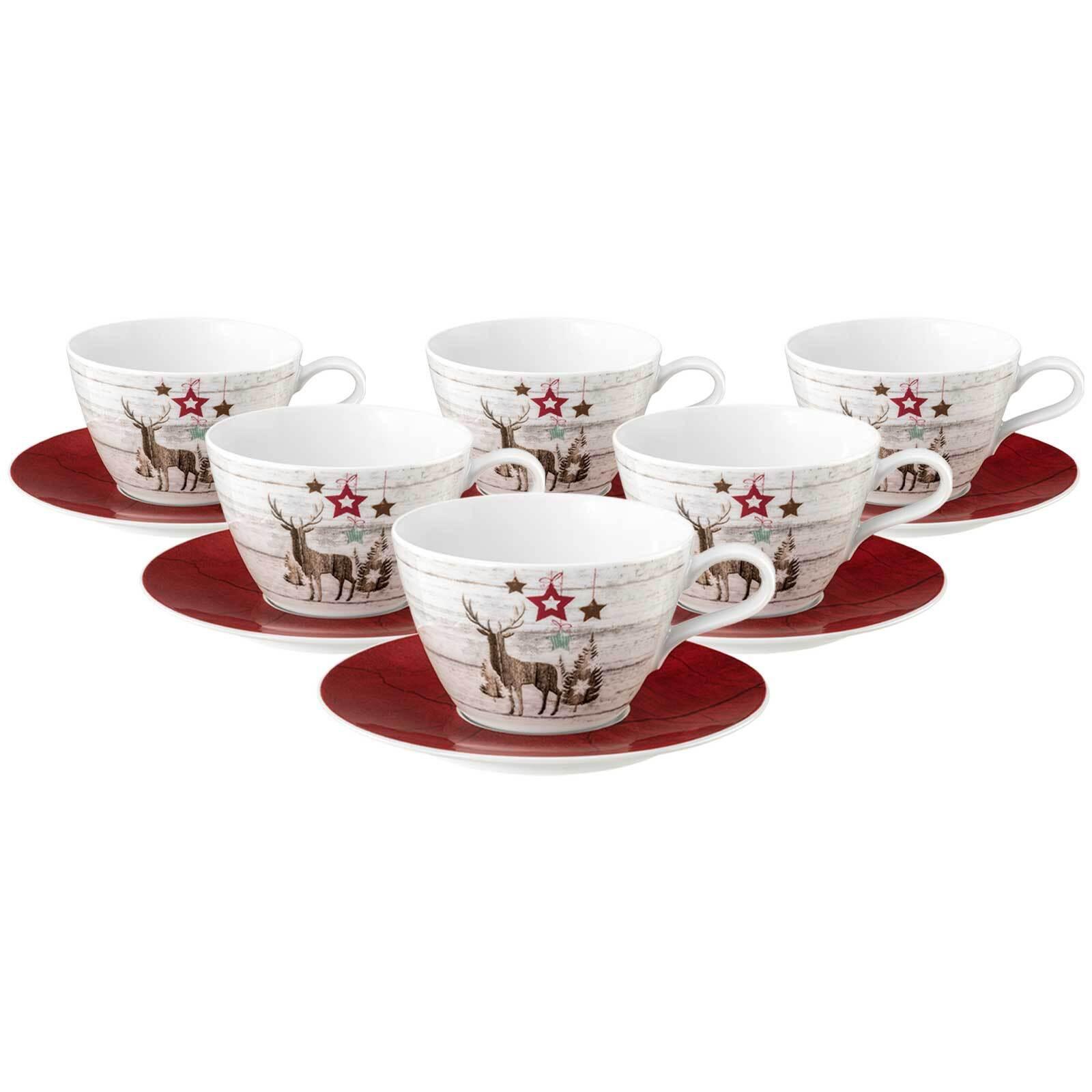 MILCHKAFFEETASSEN MIT UNTERTASSEN Life Christmas weiß-braun 370 ml 6er Set - Weiß/Braun, Keramik (0.37L) - Seltmann Weiden