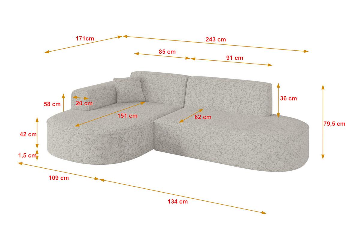 ECKSOFA Ottomane Links MARI-L1 - 243x171x79 cm Hellgrau Tissu - Hellgrau/Schwarz, Holzwerkstoff/Kunststoff (243/171cm) - ALTDECOR