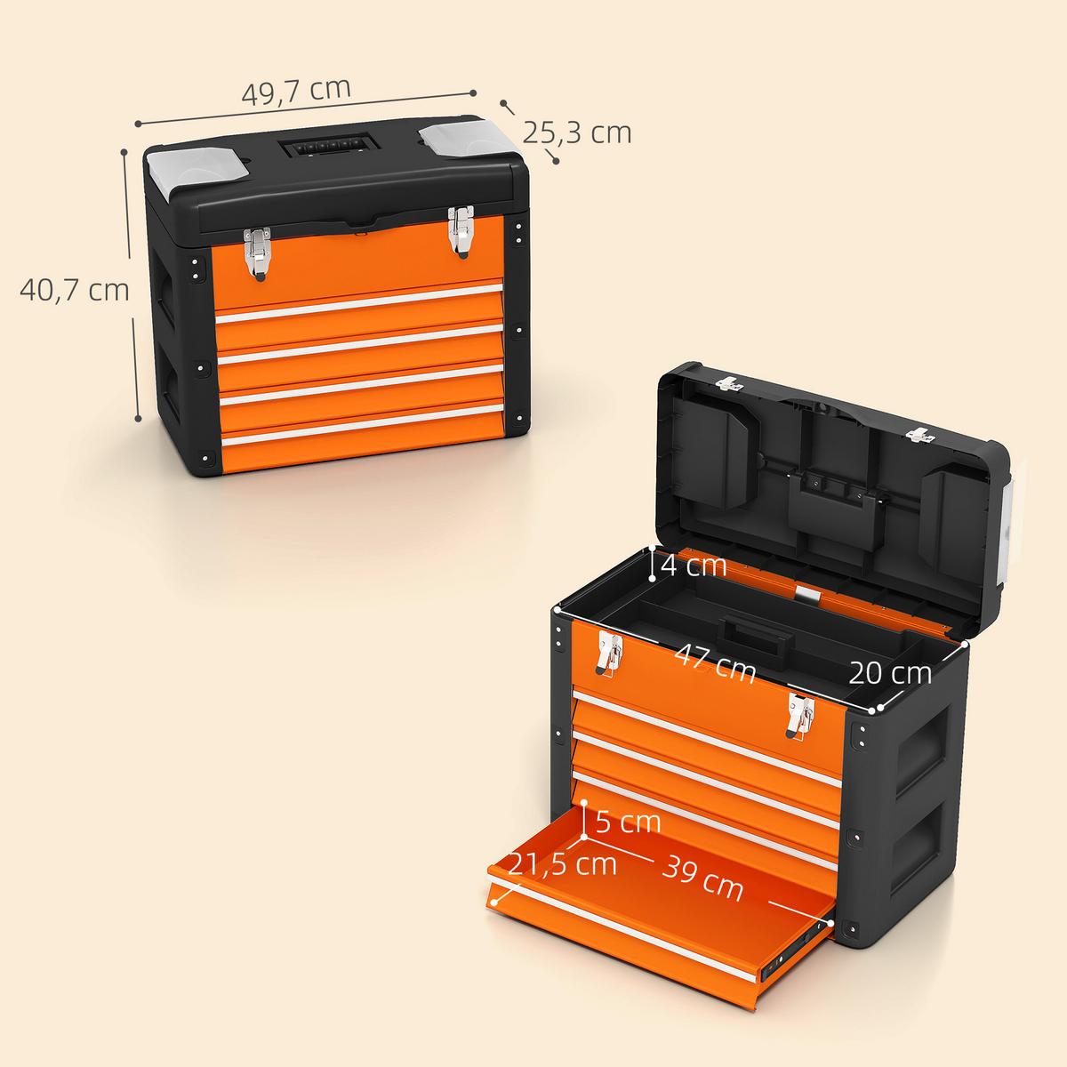 WERKZEUGKISTE leer, 49,7 x 25,3 x 40,7 cm Werkzeugkasten mit 4 Schubladen - Orange, Metall (25.3/40.7/49.7cm) - HOMCOM