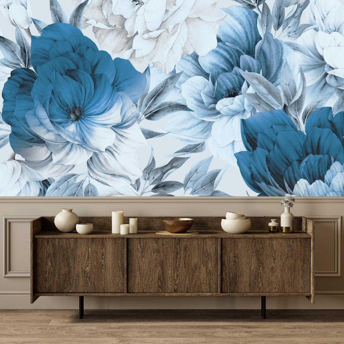FOTOTAPETE für Wohnzimmer Blaue Pfingstrosen Zart Blumen Boho 200x140 - Blau/Weiß, Papier (200/140cm) - Muralo