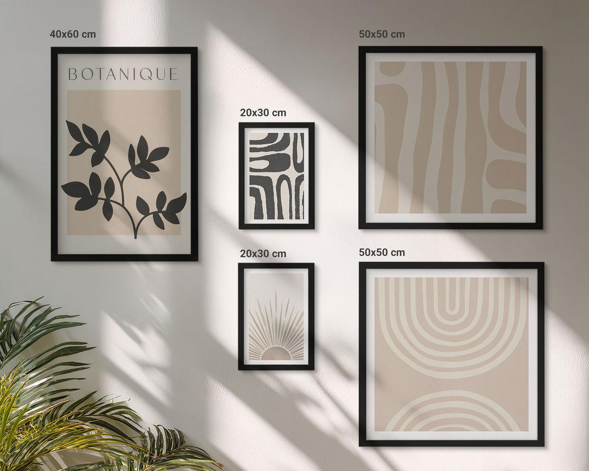 BILDER SET 5er Set - 50x50 cm & 20x30 cm & 40x60 cm Schwarzer Rahmen - Abstrakte Pflanzenmuster - Schwarz, Kunststoff (40/60cm) - TULUP