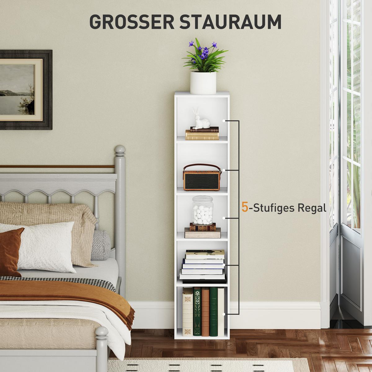 BÜCHERREGAL, Standregal mit 5 Ebenen, Verstellbare Ablage für Wohnzimmer - Weiß, Karton (24/133.5/30cm) - HOMCOM