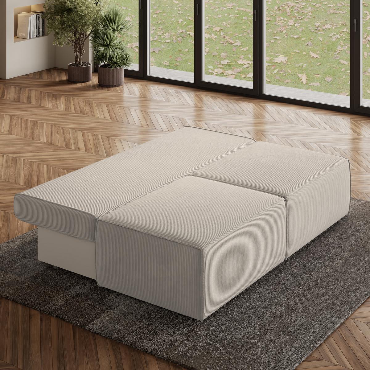 ECKSOFA VARNA P Creme Kordstoff mit Schlaffunktion - Creme/Grau, Holz/Kunststoff (196/158cm) - MASSENO