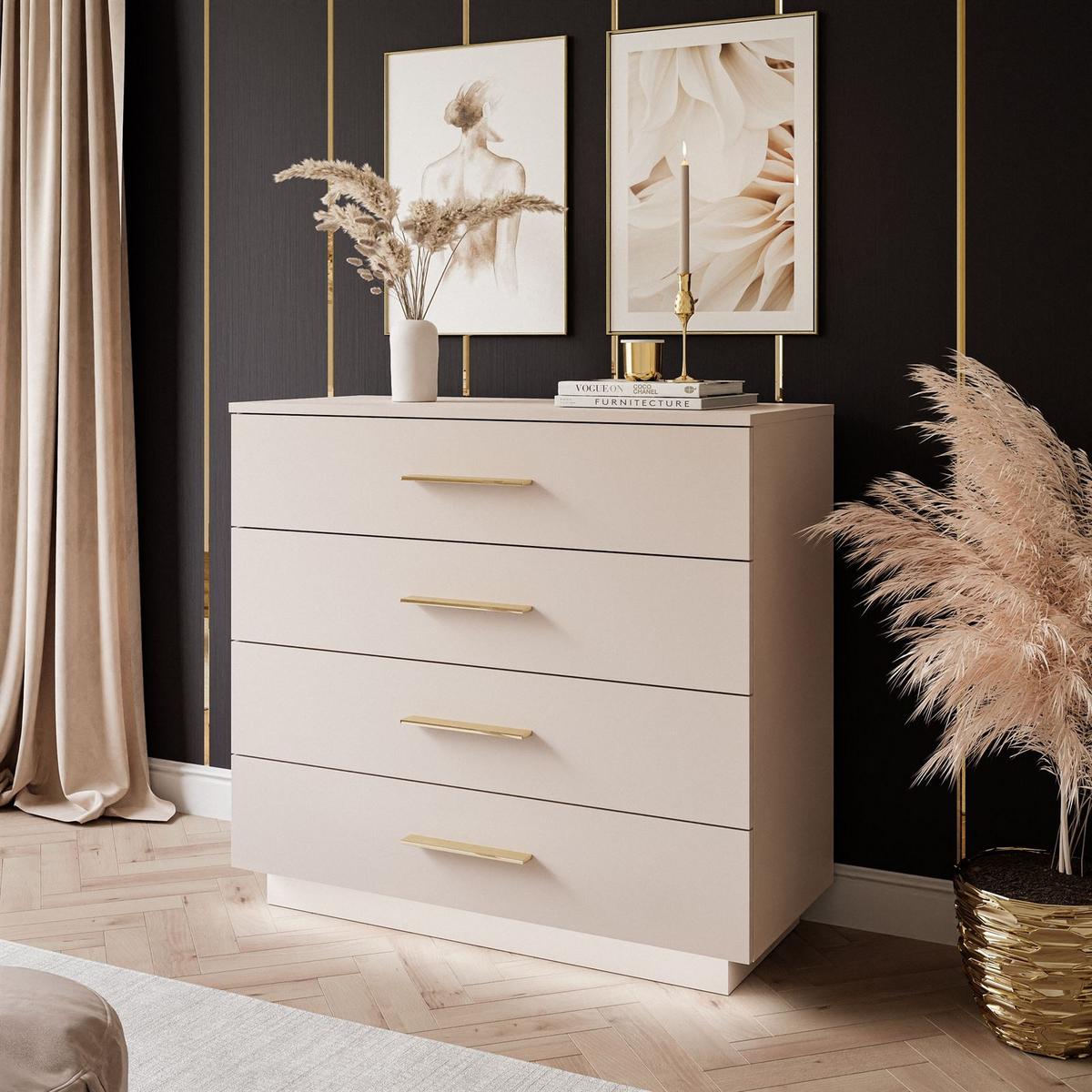 KOMMODE LINA KASCHMIR 95 cm mit LED-Beleuchtung Griffe Goldchrom - Kaschmir/Goldfarben, Holzwerkstoff (95/84/40cm) - Lookway