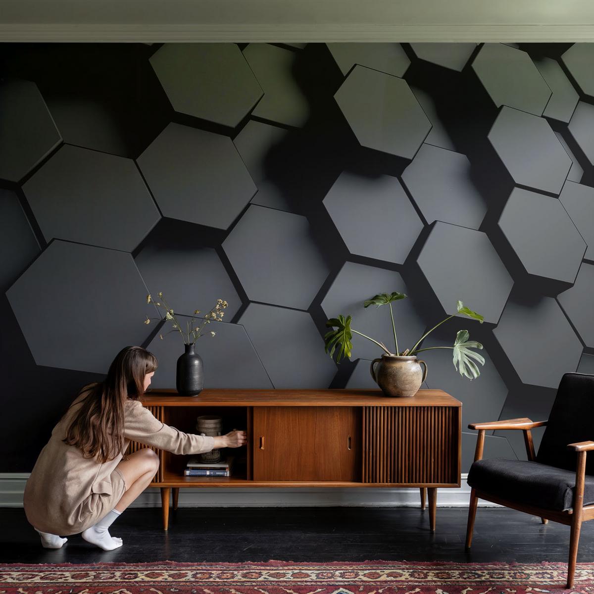 FOTOTAPETE 208x146 cm - 3D-Sechsecke - Schwarz, Textil (208/146cm) - Wallfluent