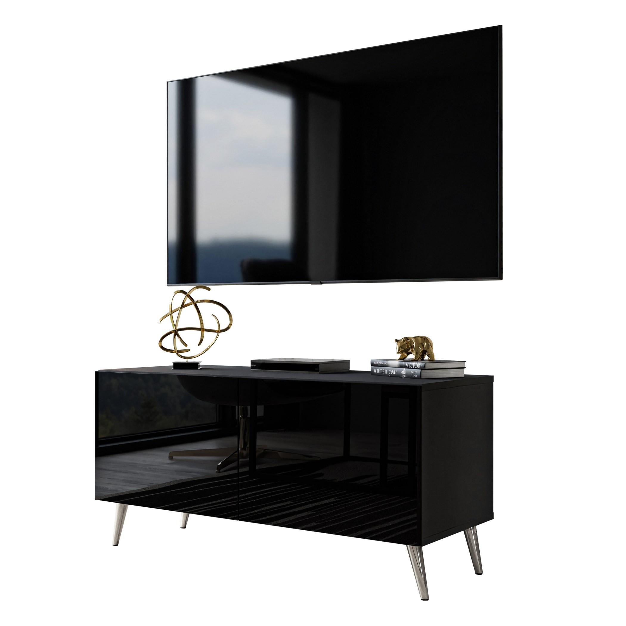 TV-ELEMENT AURA 100 Schwarz Hochglanz mit LED-Beleuchtung – Beinfarbe: Chrom - Schwarz, Holzwerkstoff (100/49/40cm) - Lookway