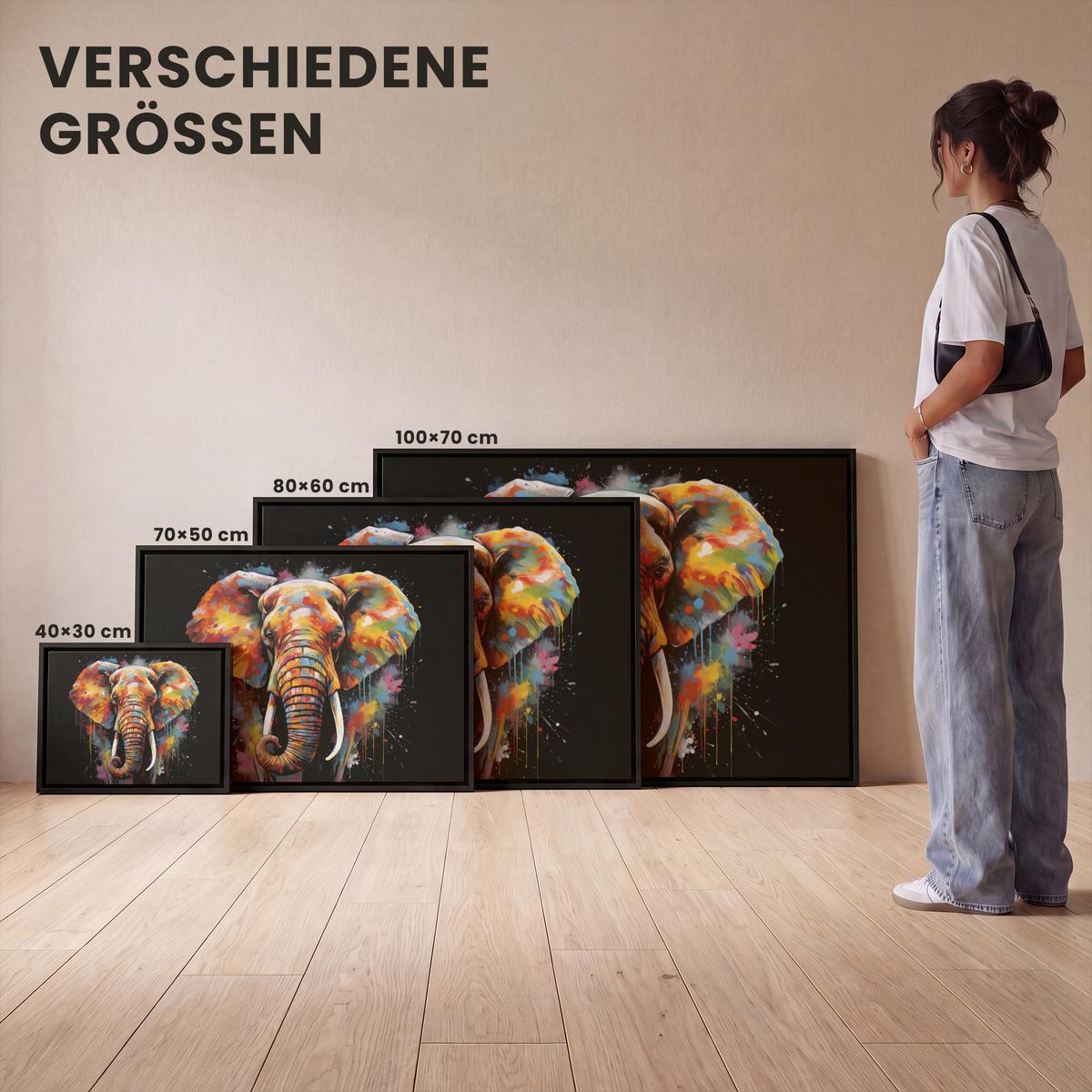 LEINWAND Bilder mit Rahmen - Elefant - Graffiti - Schwarz - Tiere - Farben - 70x50 - Schwarz, Textil (70/50cm) - MuchoWow