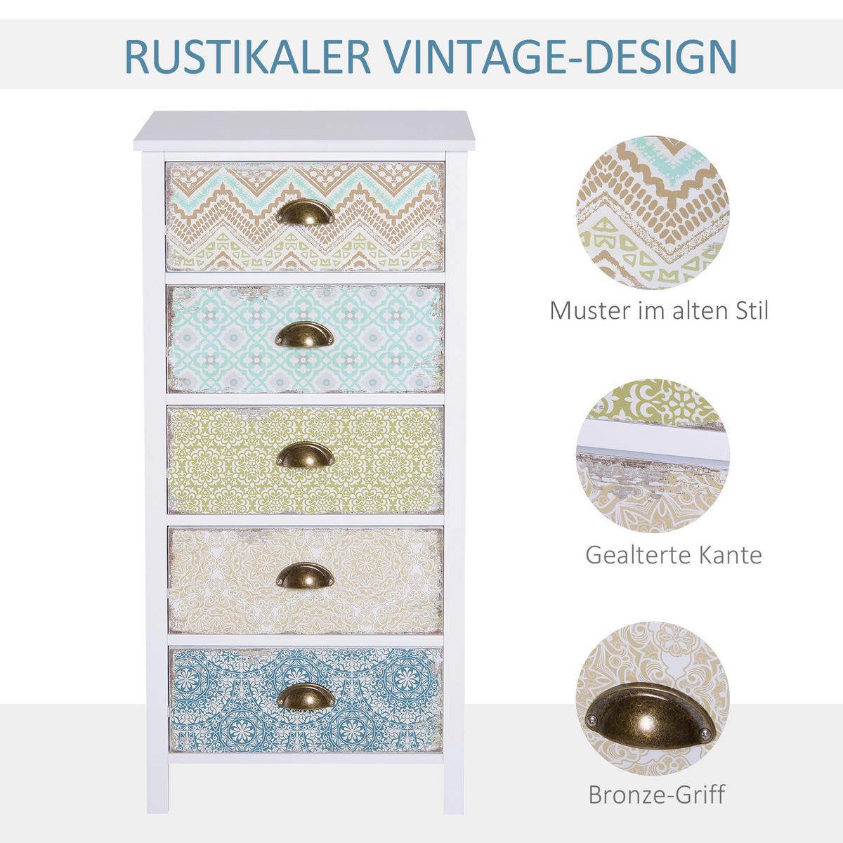KOMMODE mit 5 Schubladen Schubladenkommode Schrank Shabby Chic Bunt - Multicolor, Metall (34/97.5/46cm) - HOMCOM